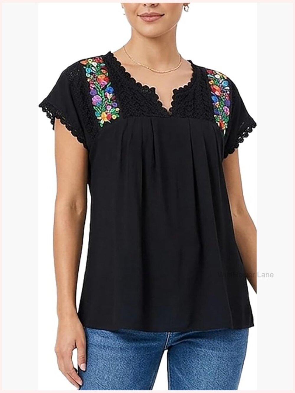 Women's Embroidered Peasant Blouse Short Sleeve V Neck Lace Bohemian Top